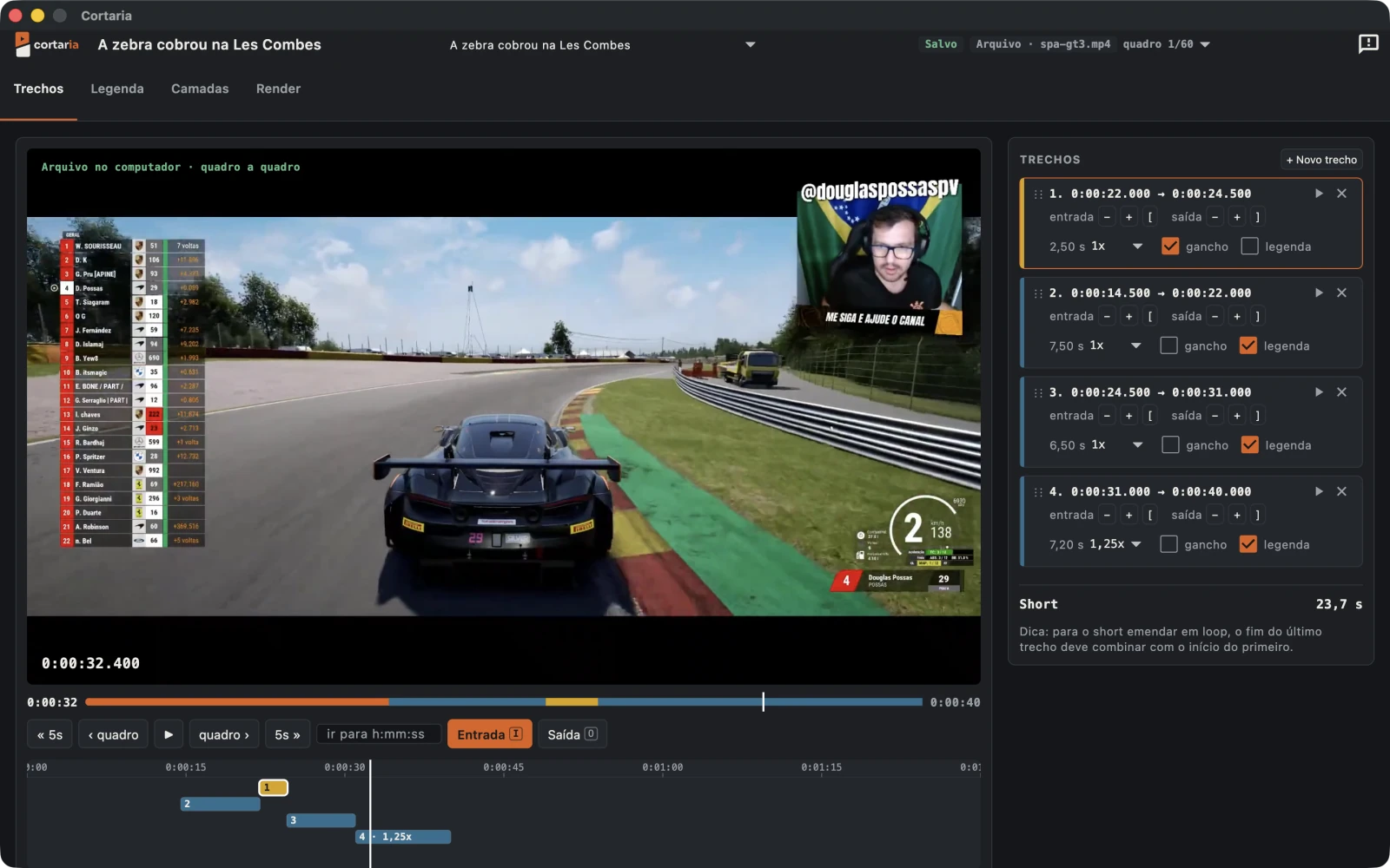 Editor da Cortaria: o vídeo da corrida no player, a linha do tempo com quatro trechos marcados (o primeiro em amarelo, como gancho) e a lista de trechos ao lado.